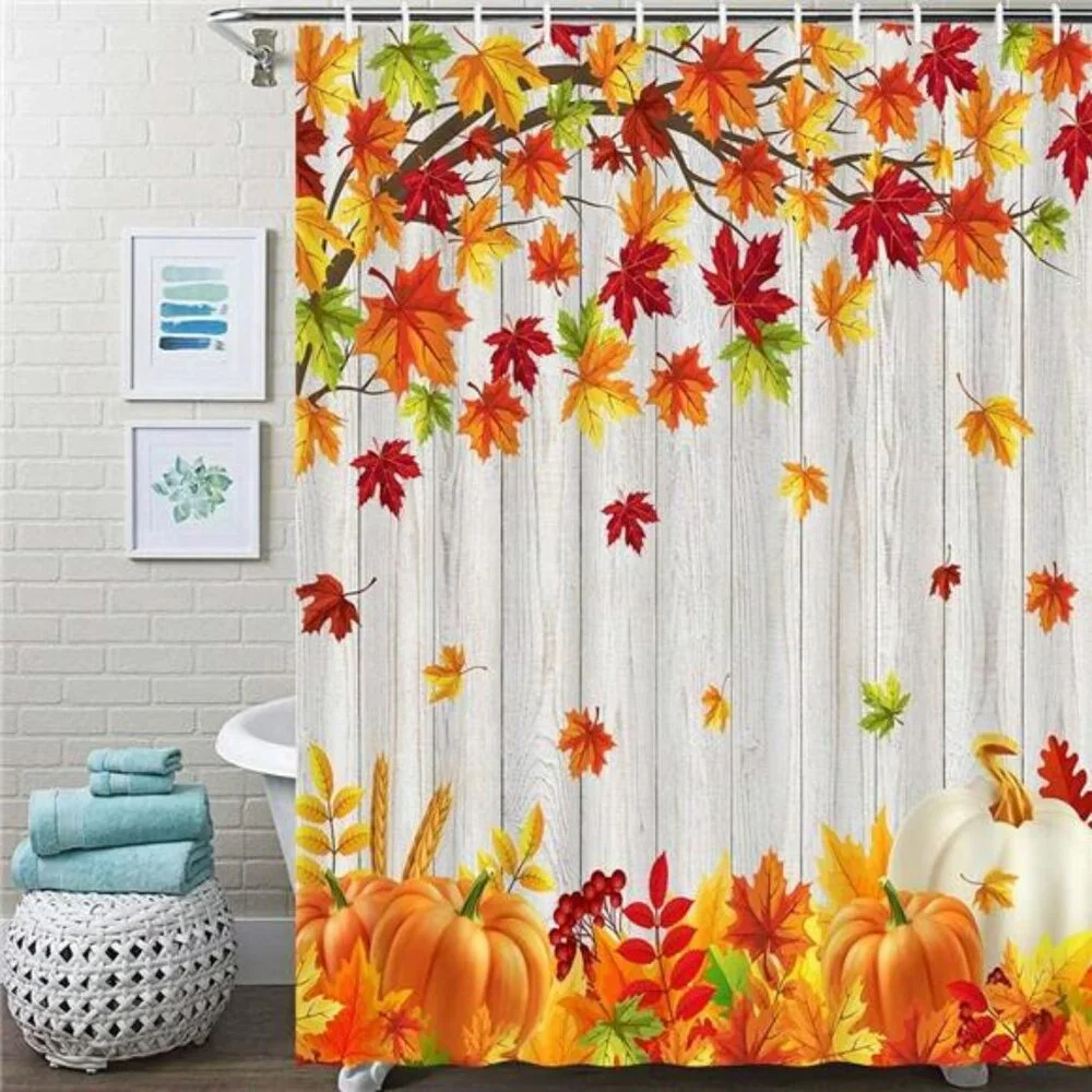 Fall Shower Curtain,Thanksgiving Pumpkin & Maple Leaves, Rustic Farmhouse 72x72